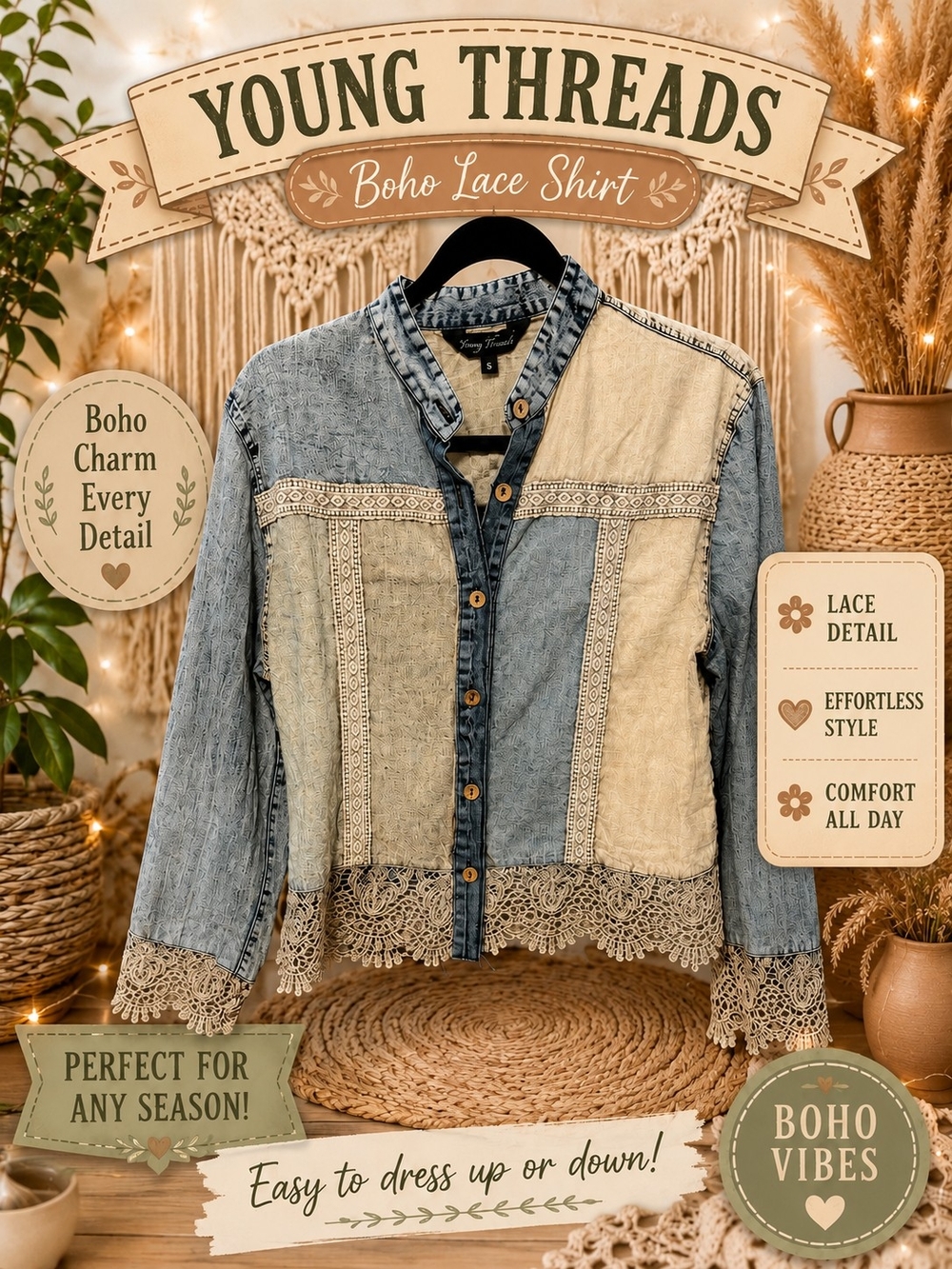 363 Young Threads Women's Blue and Cream Lace-Trim Jean Jacket